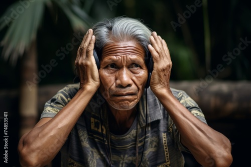  An Indigenous man covering his ears in discomfort from the urban noise pollution, showcasing the diverse impacts of environmental issues on indigenous communities © Hanna Haradzetska