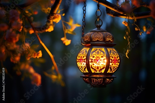 Intricately designed Eid al-Fitr lantern hanging from a tree branch, casting a warm and inviting glow as it sways gently in the breeze photo