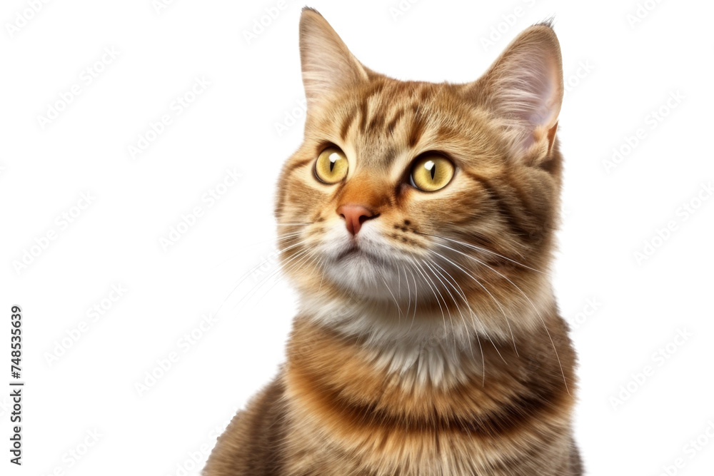 Obraz premium Cute fluffy portrait smile kitty Cat that looking at camera isolated on clear png background, funny moment, lovely cat, pet concept.