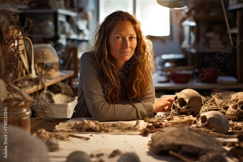 Close up Portrait photograph of a female anthropologist in her late 40s, surrounded by artifacts in an anthropology lab, studying cultural remains photo