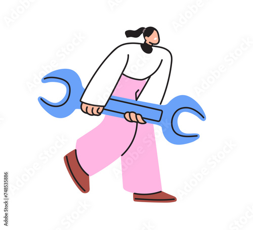 Tiny woman carrying big wrench, spanner, huge tool. Repair person, mechanic, engineer fixing, mending. Technical service concept. Flat graphic vector illustration isolated on white background