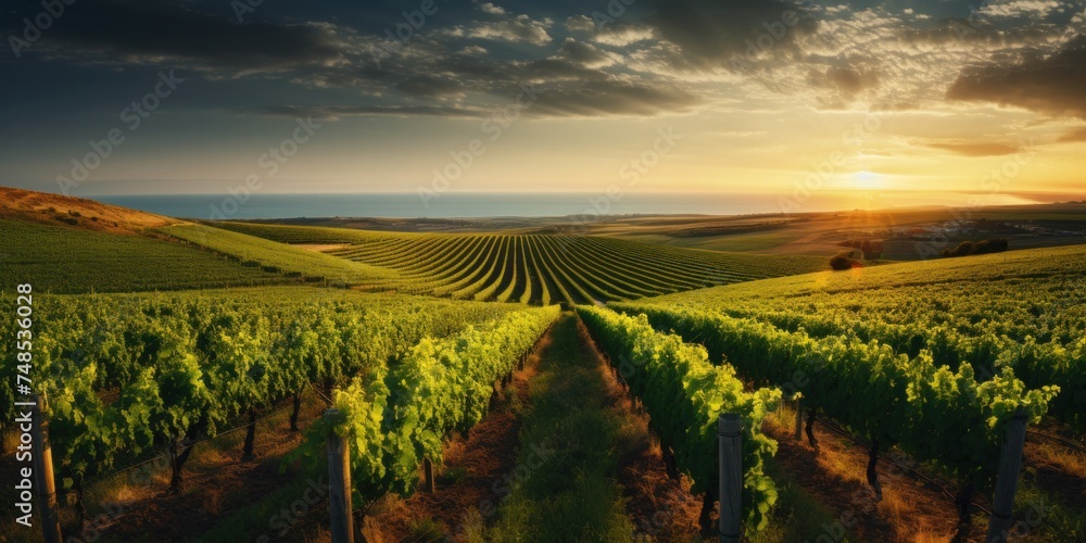 Summer vineyard at sunset