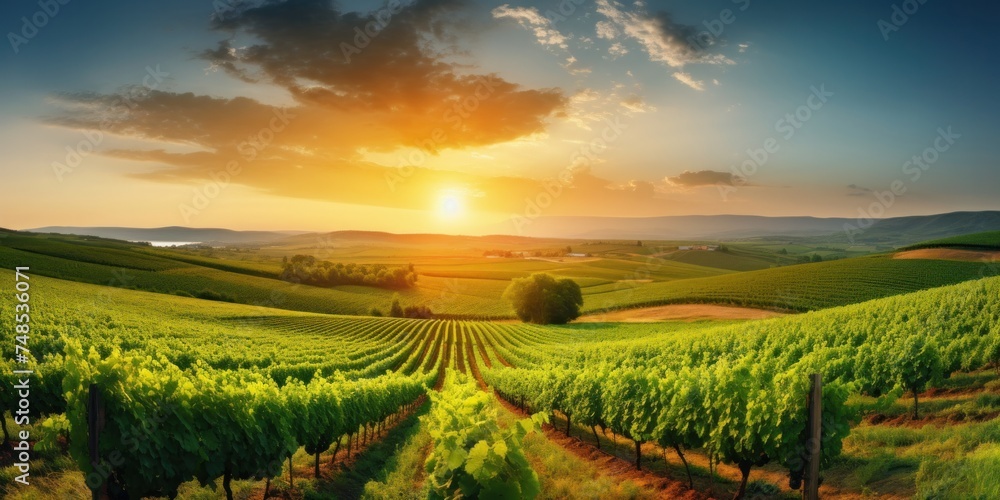 Fototapeta premium Summer vineyard at sunset