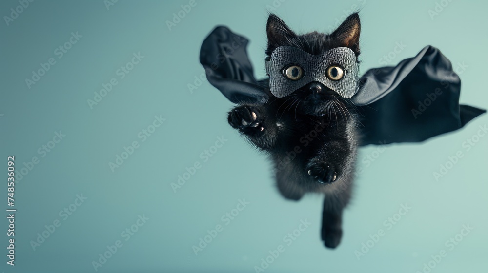 Superhero black kitten with a black cloak and mask jumping and flying on light blue background with copy space. The concept of a super leader, animal hero.