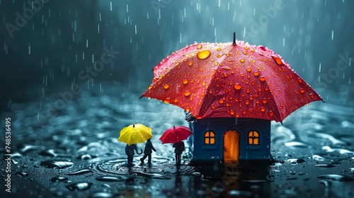 Concept of home insurance. House covered with umbrella to protect it from rain and storm. photo