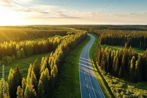 Beautiful aerial view of curving country roads with green forests and sunsets