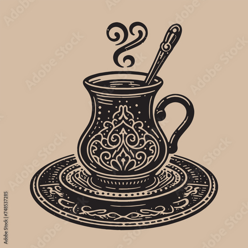Oriental cup of coffee with ethnic pattern. Vintage engraving illustration, logo, icon. Emblem. isolat with ethnic pattern. Vintage engraving illustration, logo, icon. Emblem. isolated object. cut out