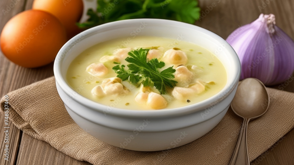 Creamy potato soup with scallops and dill in white bowl