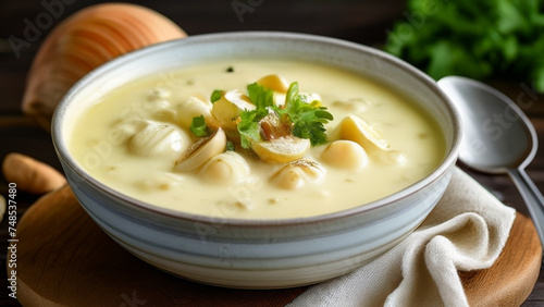 Creamy potato soup with scallops and dill in white bowl
