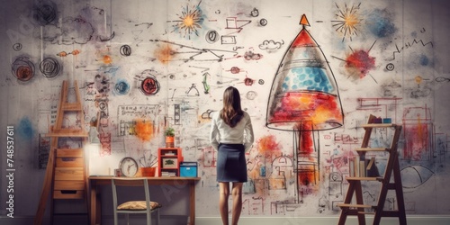 Business sketches in the office on the wall Young businesswoman standing near sketch with rocket growth concept