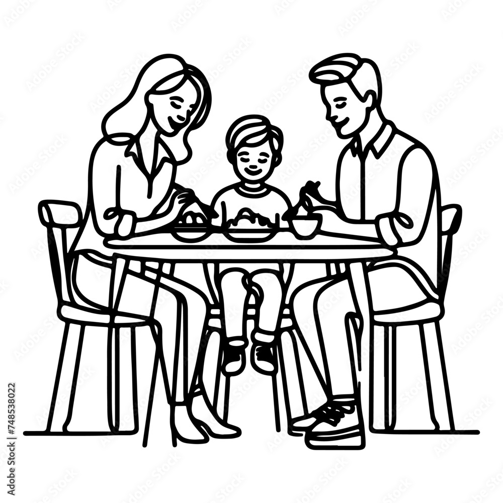 Continuous one black line art drawing happy family father and mother with child. having dinner sitting at table doodles style vector illustration on white background