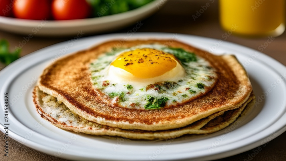 Pancakes with fried egg on a white plate in a restaurant