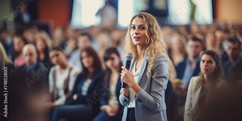 Woman presenting to the audience Speaker presenting at a company business meeting