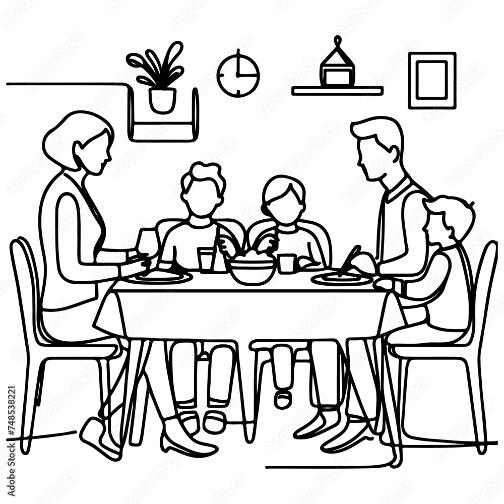 Continuous one black line art drawing happy family father and mother with child. having dinner sitting at table doodles style vector illustration on white background