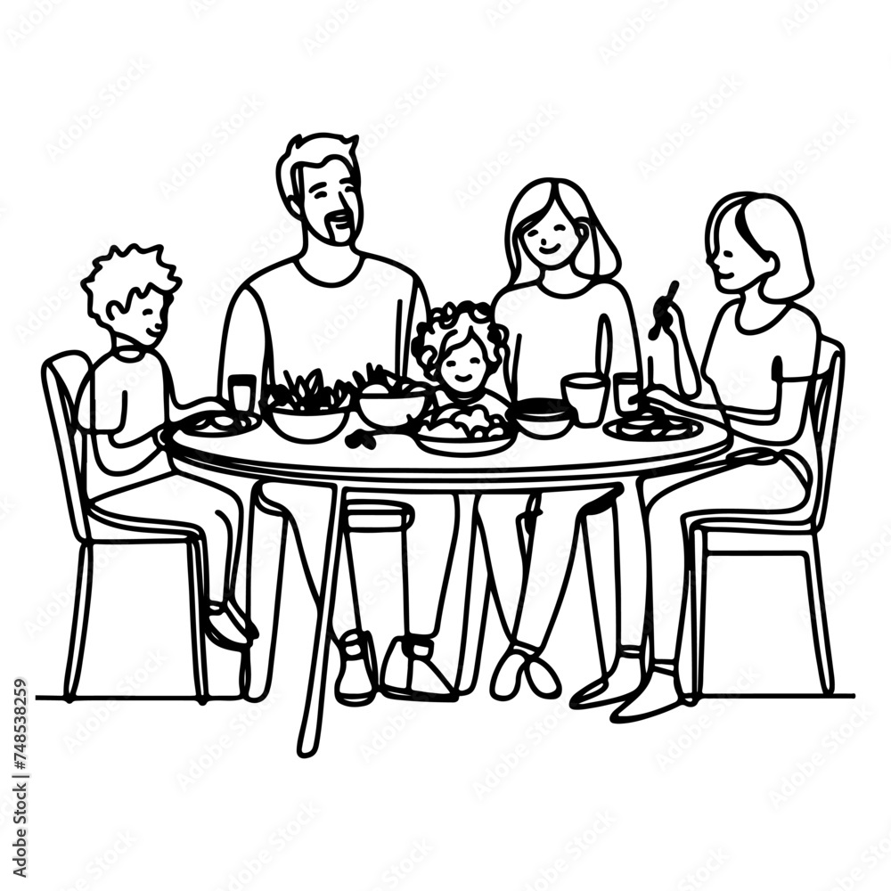 Continuous one black line art drawing happy family father and mother with child. having dinner sitting at table doodles style vector illustration on white background Continuous one black line art drawing happy family father and mother with child. having dinner sitting at table doodles style vector illustration on white background