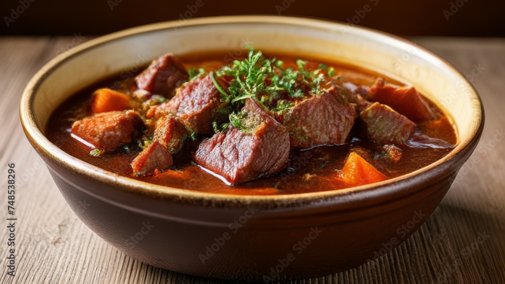Beef Bourguignon with carrot and parsley in a bowl Beef Bourguignon with carrot and parsley in a bowl