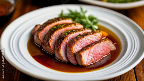 grilled duck breast with spicy sauce on white plate in the restaurant