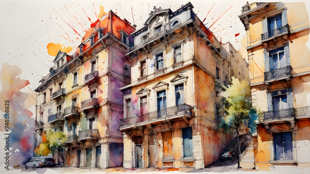 Fragment of architecture painted with watercolor paints