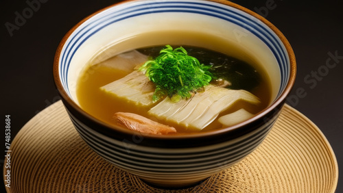 Japanese miso soup with fish and vegetables in a bowl on a wooden table