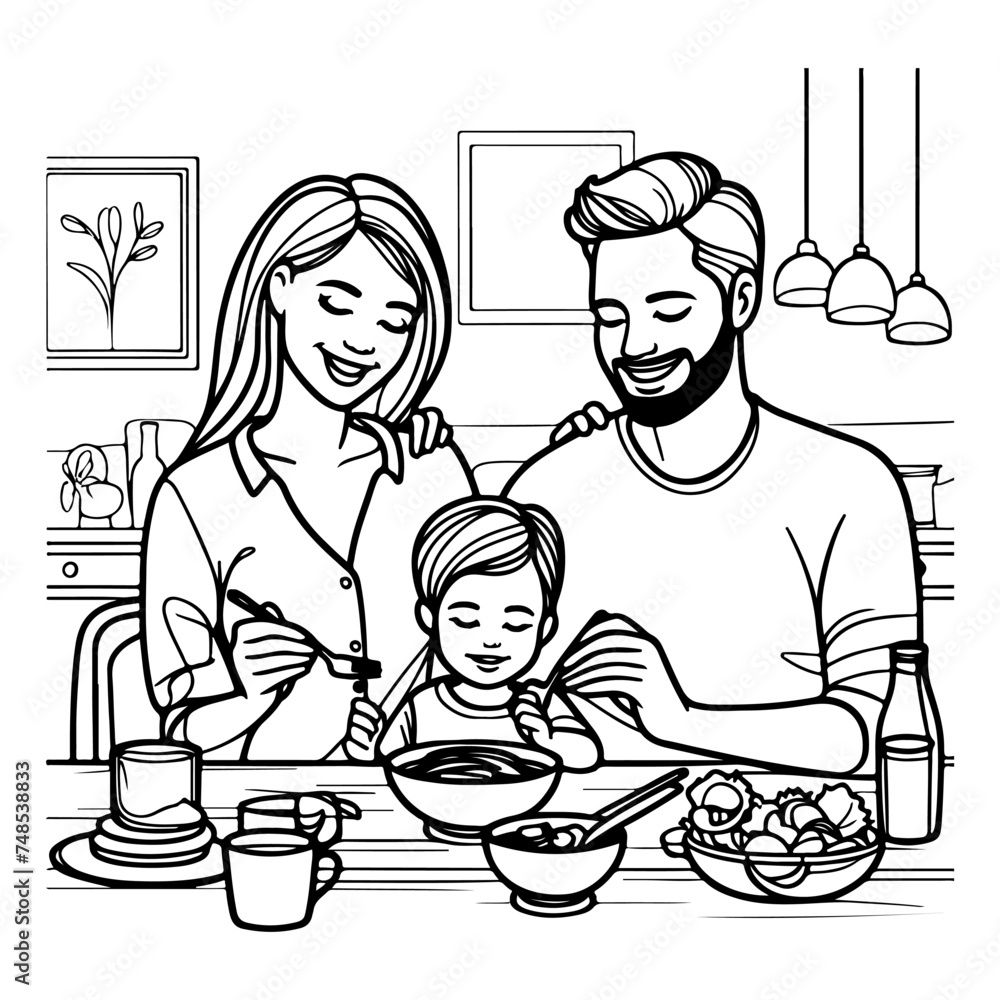 Continuous one black line art drawing happy family father and mother with child. having dinner sitting at table doodles style vector illustration on white background Continuous one black line art drawing happy family father and mother with child. having dinner sitting at table doodles style vector illustration on white background
