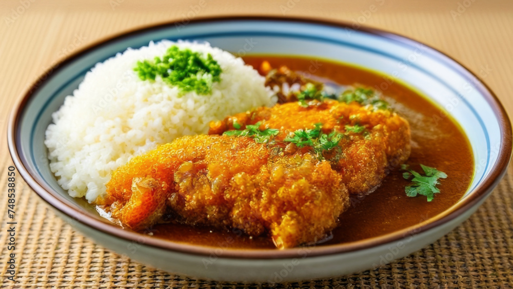 japanese food fried cutlet with rice on wooden background.