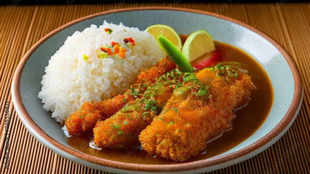 japanese food fried cutlet with rice on wooden background. japanese food fried cutlet with rice on wooden background.