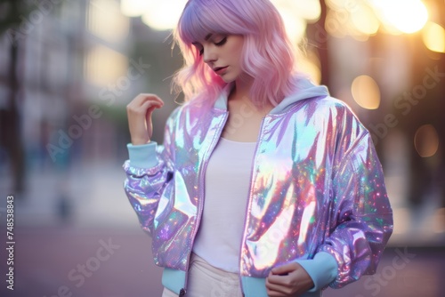 
Trendy holographic female bomber jacket with holographic sequins, sure to make a statement wherever you go