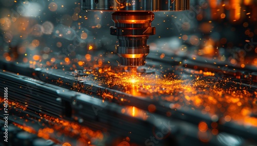 Precision machinery at work, sparks flying in a dark factory.