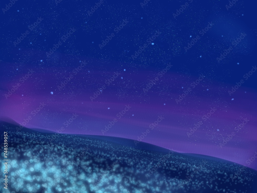 夜空の下に花畑が広がる幻想的な背景 夜空の下に花畑が広がる幻想的な背景