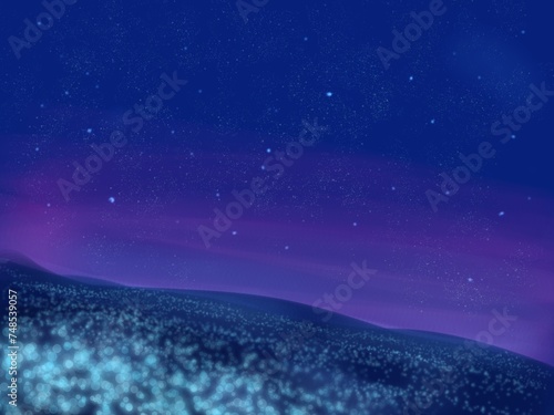 夜空の下に花畑が広がる幻想的な背景