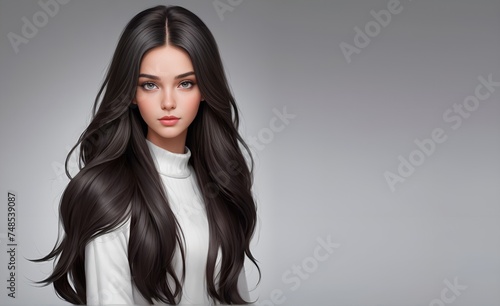 girl with dark gorgeous hair . a glance to the side. copy space. studio photo