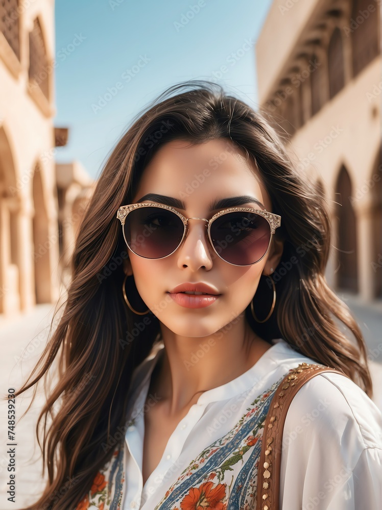 A portrait of attractive and charming young arab woman with sunglasses outdoors from Generative AI