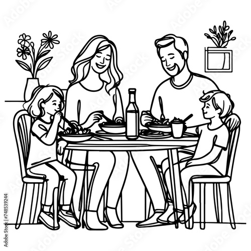 Continuous one black line art drawing happy family father and mother with child. having dinner sitting at table doodles style vector illustration on white background
