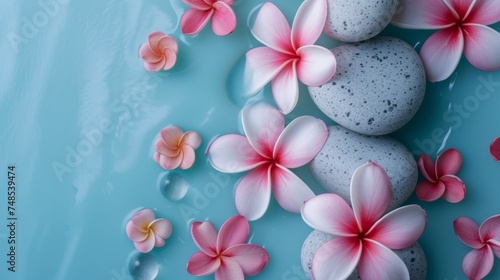 Top view frangipani plumeria flowers and hot spa stones on water surface background, copy space for text.