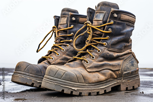 Old worn military boots on a white background. Generated by artificial intelligence photo