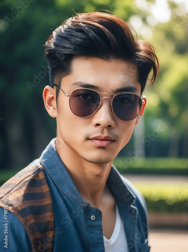 A portrait of handsome and charming young asian man with sunglasses outdoors from Generative AI © Arceli