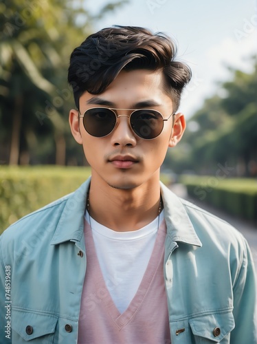 A portrait of handsome and charming young asian man with sunglasses outdoors from Generative AI © Arceli