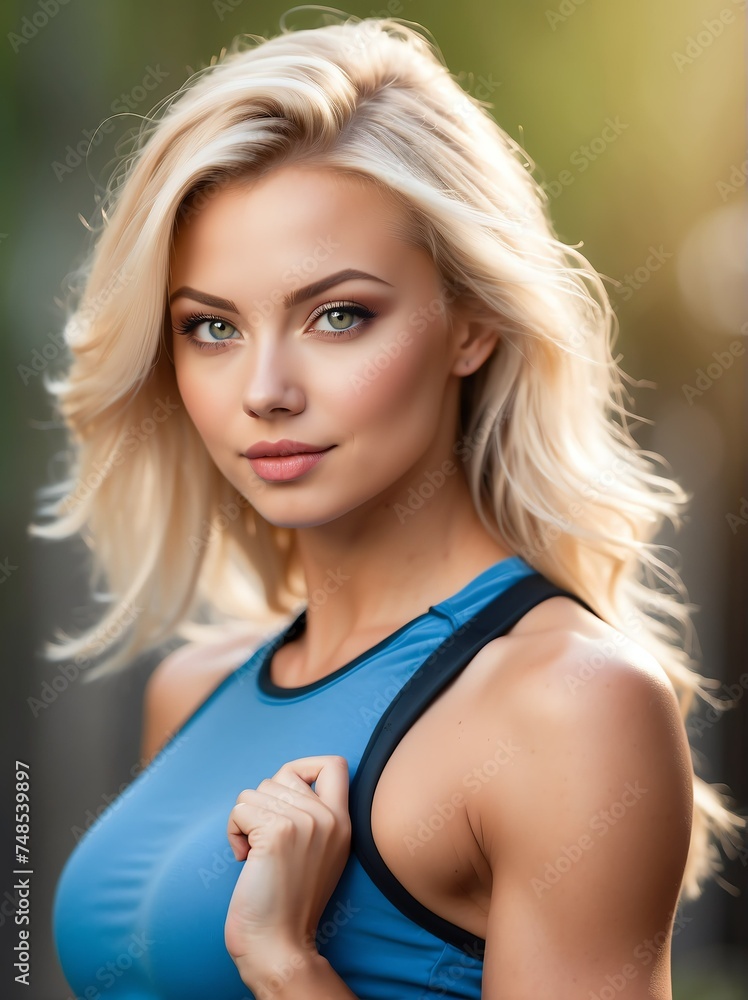 Obraz premium Attractive charming young fitness blonde model woman, female body, lifestyle portrait exercise from Generative AI