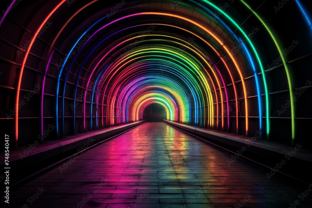 Mysterious Rainbow tunnel dark. Summer modern. Generate Ai