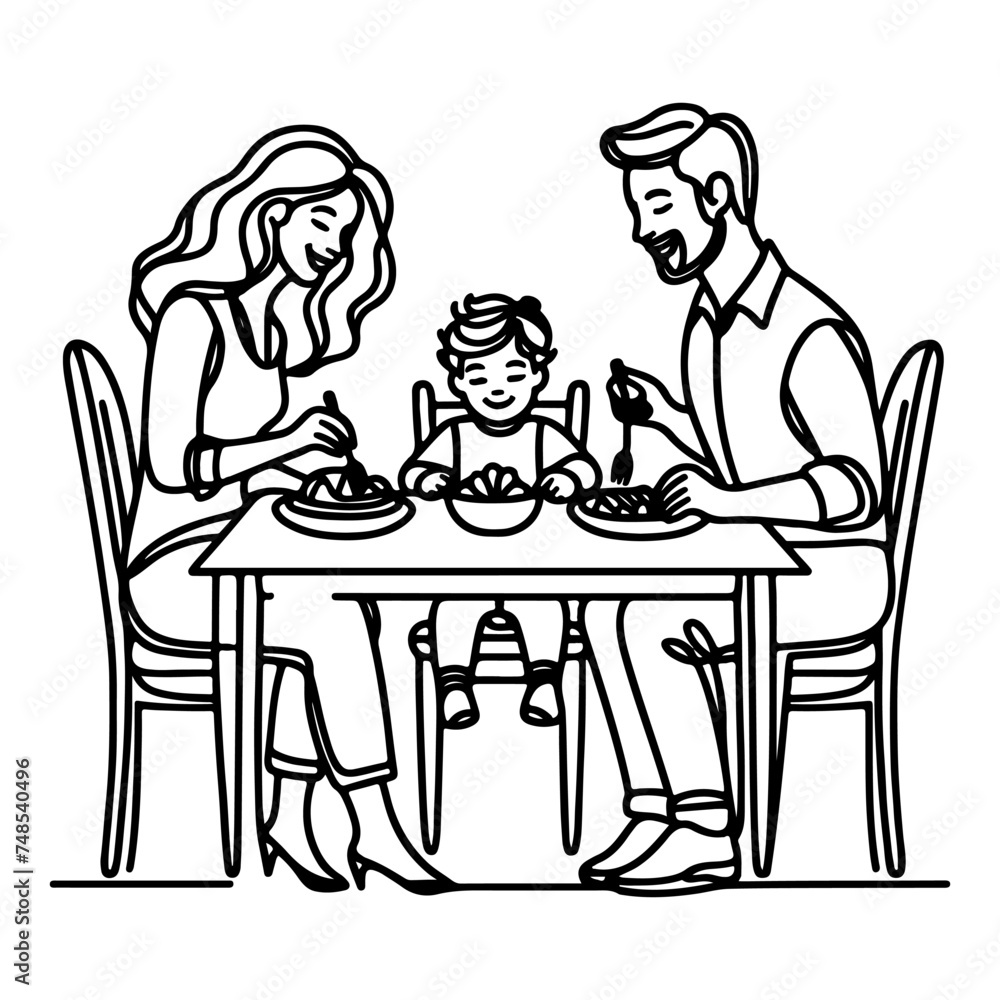 Continuous one black line art drawing happy family father and mother with child. having dinner sitting at table doodles style vector illustration on white background