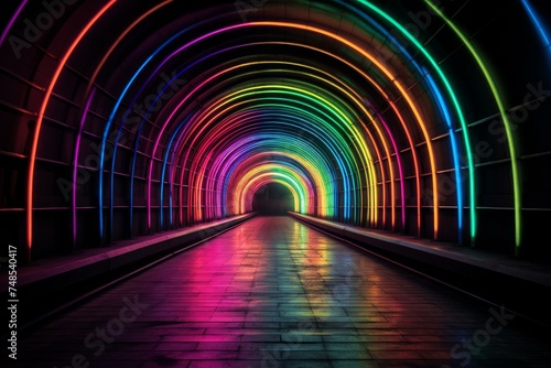 Mysterious Rainbow tunnel dark. Summer modern. Generate Ai photo