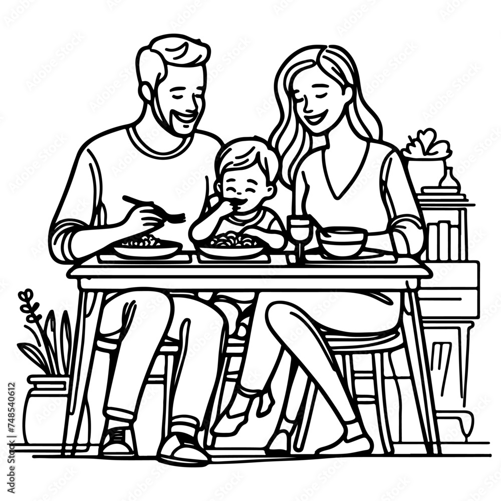 Continuous one black line art drawing happy family father and mother with child. having dinner sitting at table doodles style vector illustration on white background Continuous one black line art drawing happy family father and mother with child. having dinner sitting at table doodles style vector illustration on white background