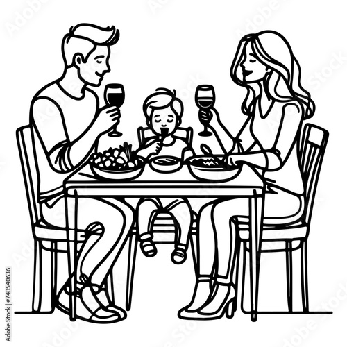 Continuous one black line art drawing happy family father and mother with child. having dinner sitting at table doodles style vector illustration on white background