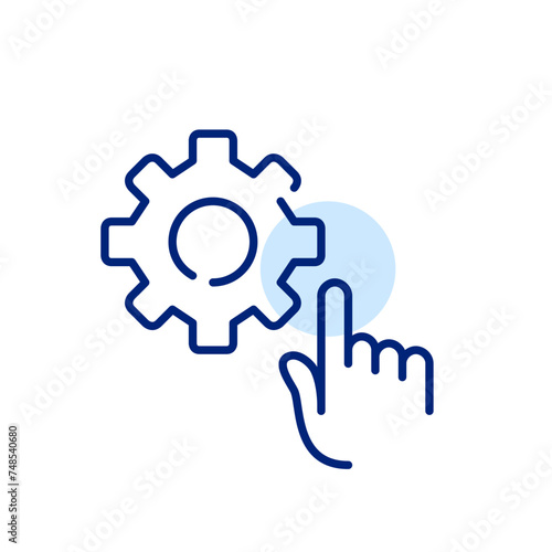 Pixel-perfect vector icon. Fingertip taps a cogwheel, capturing a tactile interaction. User-friendly customization
