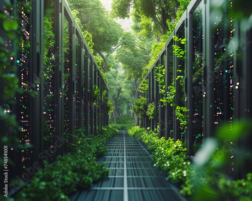 A backdrop of a network data center representing technology placed amidst a lush green forest representing nature