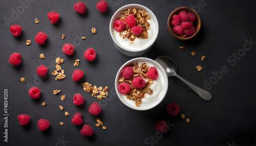 Greek yogurt with raspberries and granola. Top view flat lay Healthy breakfast