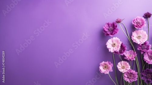 Beautiful delicate purple flowers on a purple background. Abstract layout of a colored frame with space for text. An invitation to a wedding. The concept of International Women's Day, Mother's Day. photo