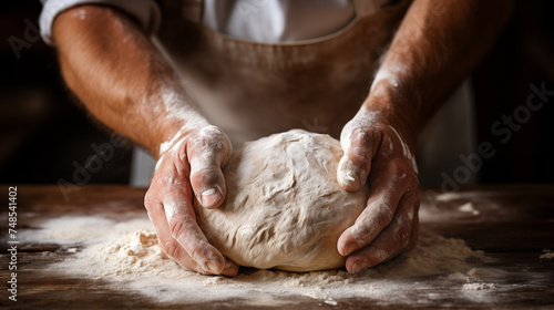 Hands of baker kneading dough isolated on black background. Bakers hands kneading dough for bread photo