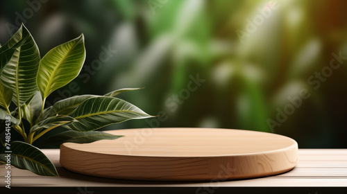 Wooden product display podium for cosmetic product with green nature  background