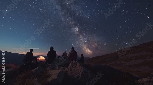 A group of friends camping under a starry night sky,
